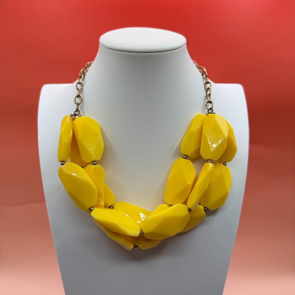 Yellow Faceted Bead Necklace Chunky Multi Strand Statement Bib Gold Tone Boho